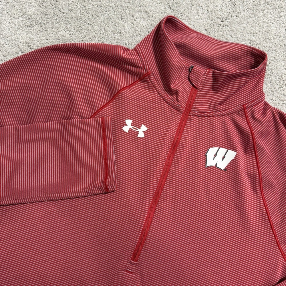 Under Armour Wisconsin Badgers Pullover Womens Sz M Red Striped 1/4 Zip NCAA